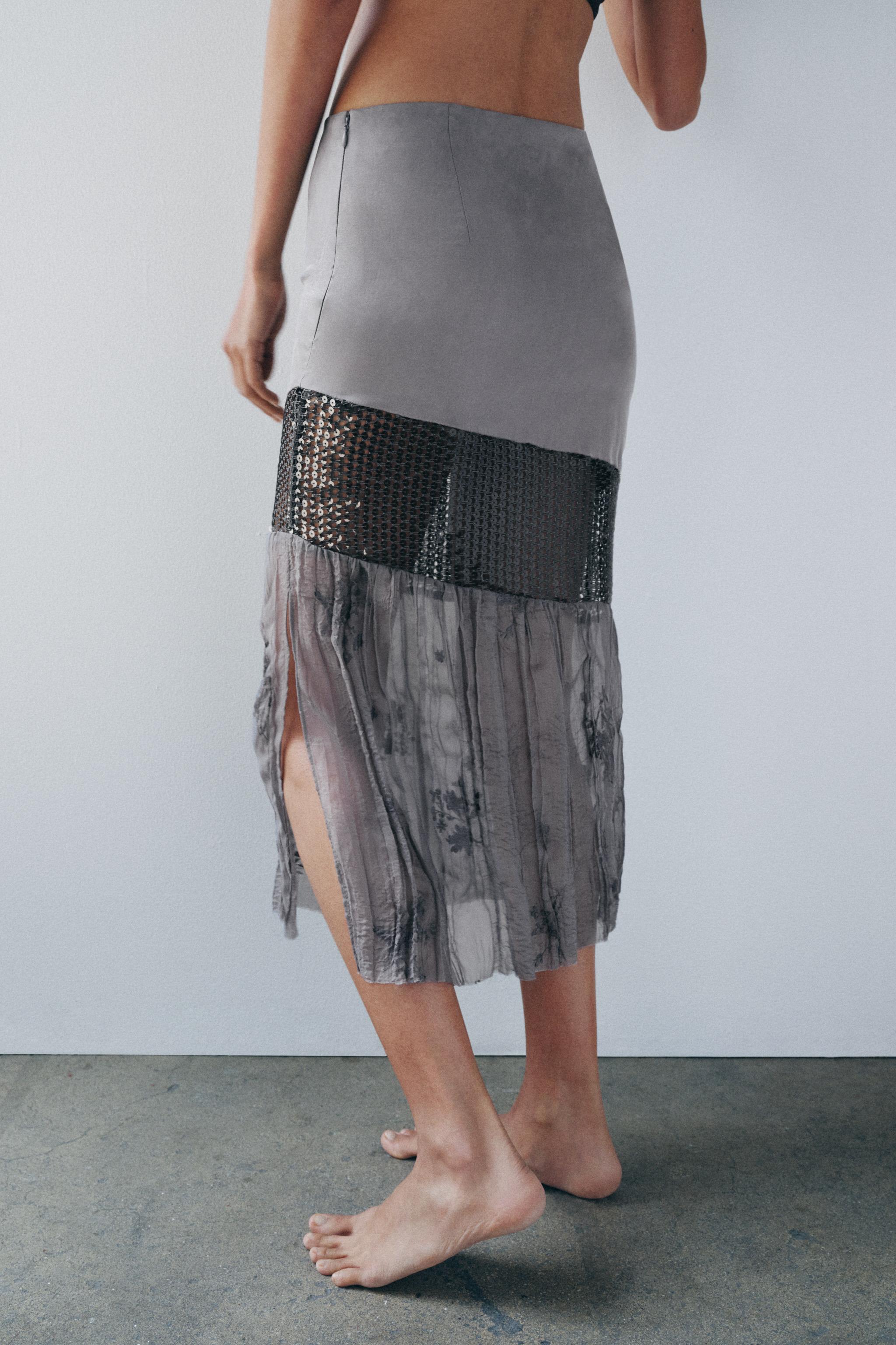 SEQUINED COMBINATION MIDI SKIRT